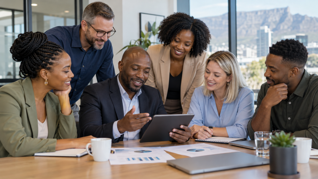 A diverse team of Black and white professionals reviewing customer service improvements