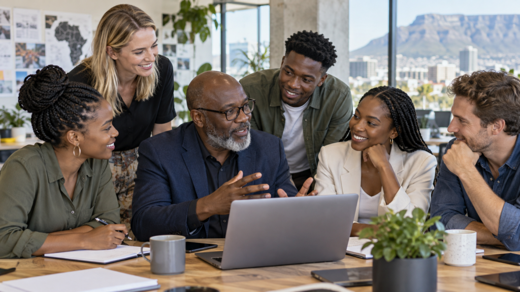 Young Black and white South African professionals learning from an experienced mentor
