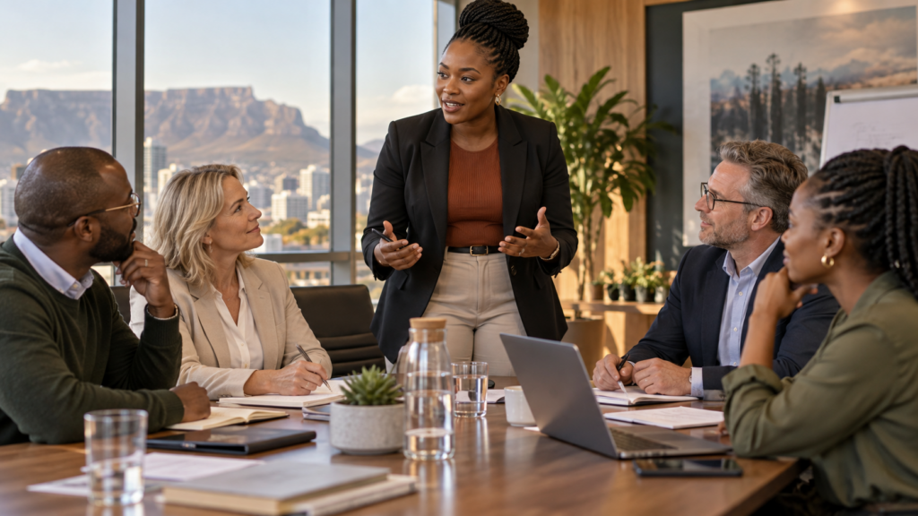 A diverse South African leadership team aligning around shared business goals
