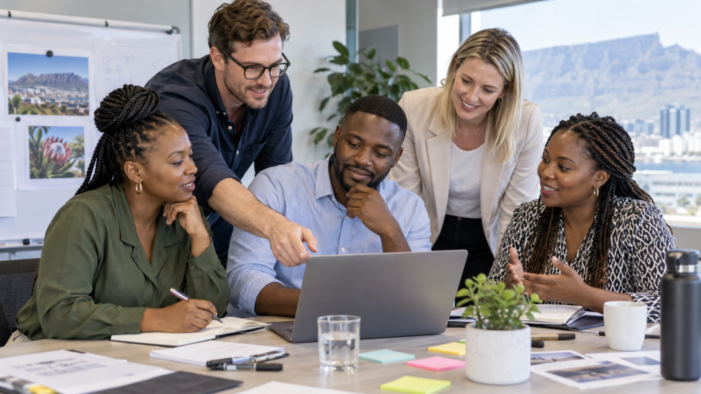 Black and white South African professionals learning together in a workplace training session