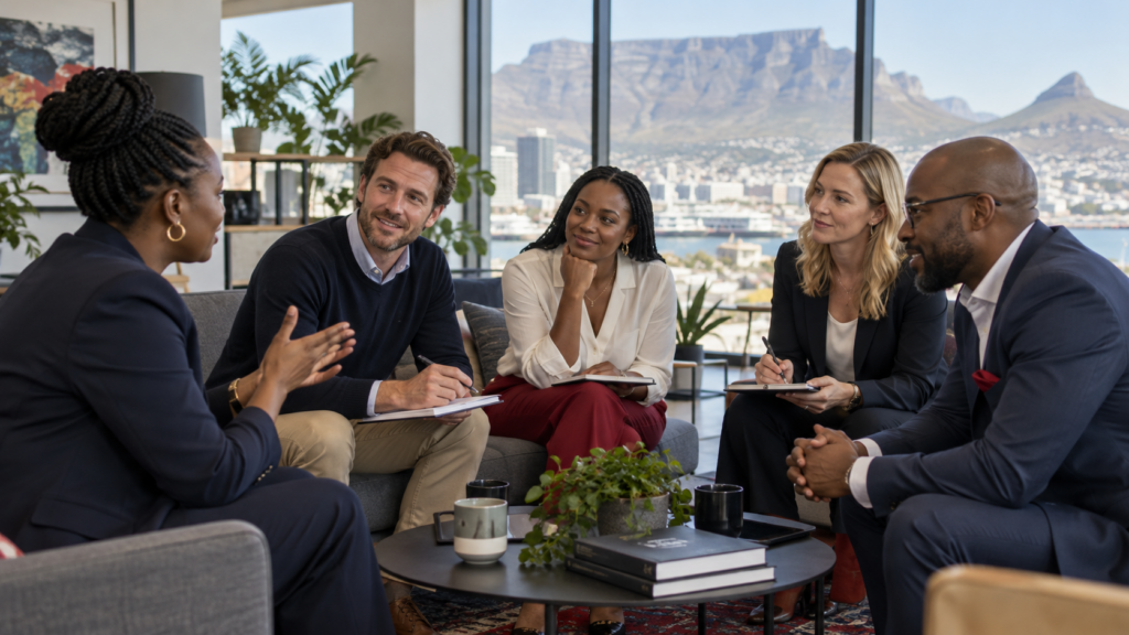 A diverse South African team holding an open employee feedback session