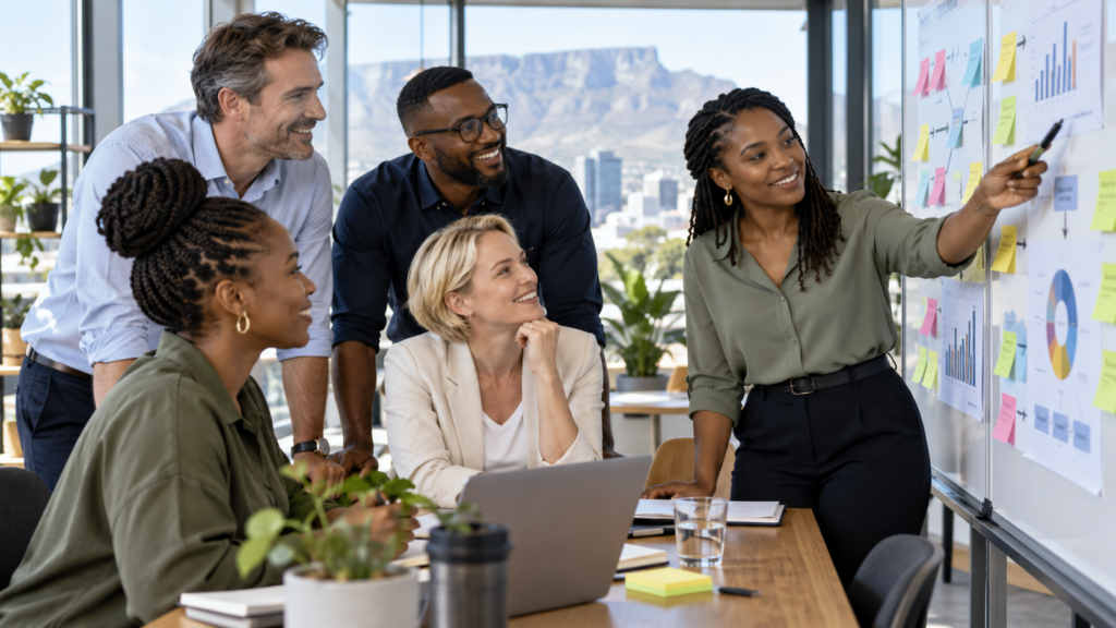 A diverse South African team reviewing continuous improvement results