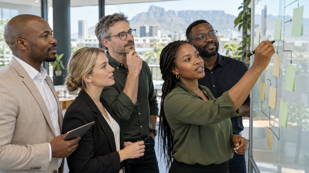 A diverse team of Black and white professionals mapping a business process